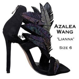 Azalea Wang Lianna Bootie Heels 6 Black Multicolor Crystal Feather Applique Glam
